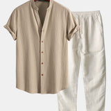 Ensemble — chemise texturée froissée à col V & pantalon en lin à jambe droite