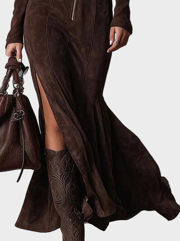 Adrianna | Robe longue en suédine marron ceinturée à fermeture éclair Marron