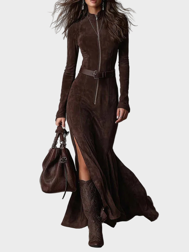 Adrianna | Robe longue en suédine marron ceinturée à fermeture éclair Marron