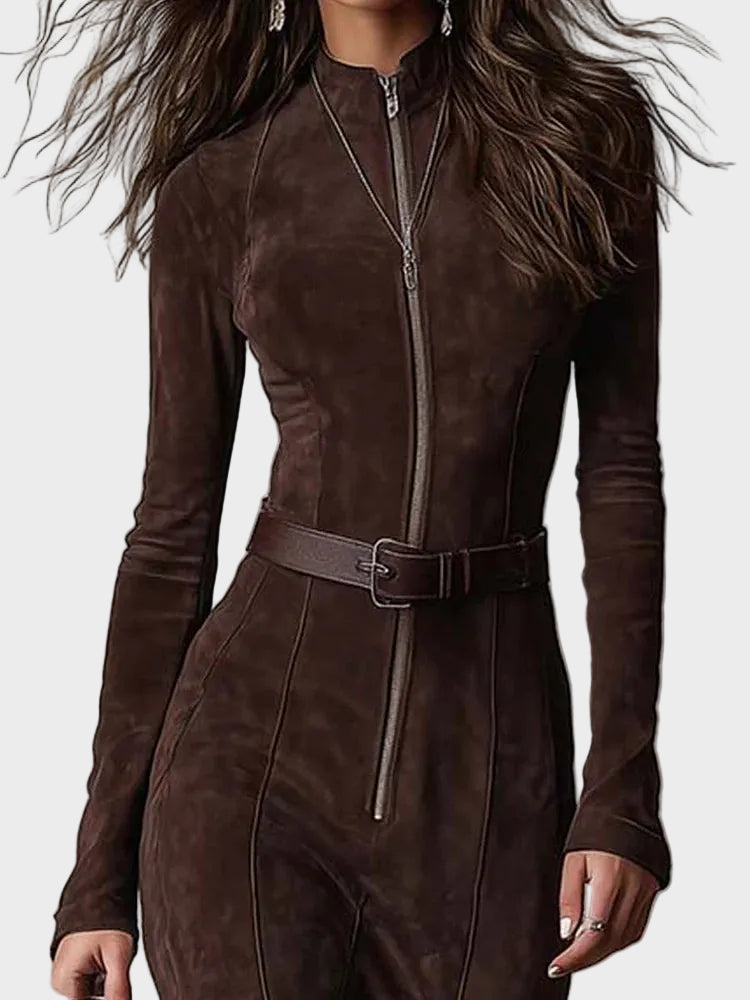 Adrianna | Robe longue en suédine marron ceinturée à fermeture éclair Marron