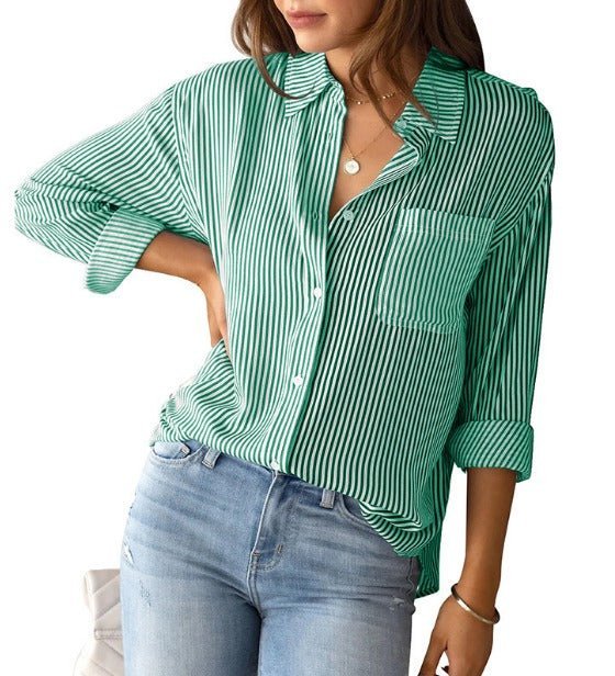 Justine | Blouse rayée habillée Vert émeraude, photo studio