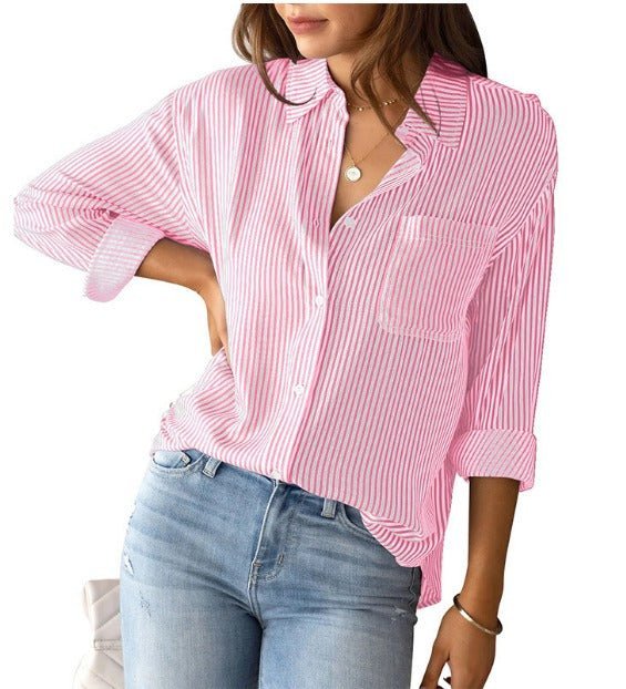 Justine | Blouse rayée habillée Rose bébé, photo studio