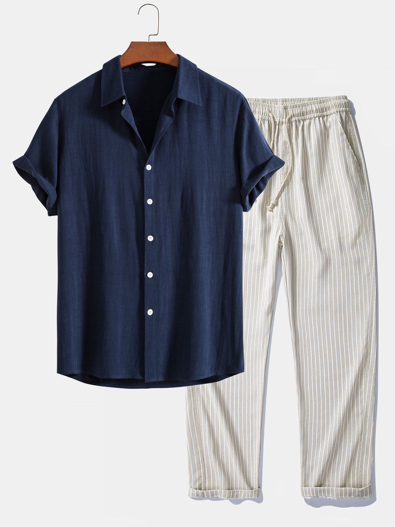 Ensemble Améline — chemise en lin et viscose & pantalon en lin rayé à jambe droite