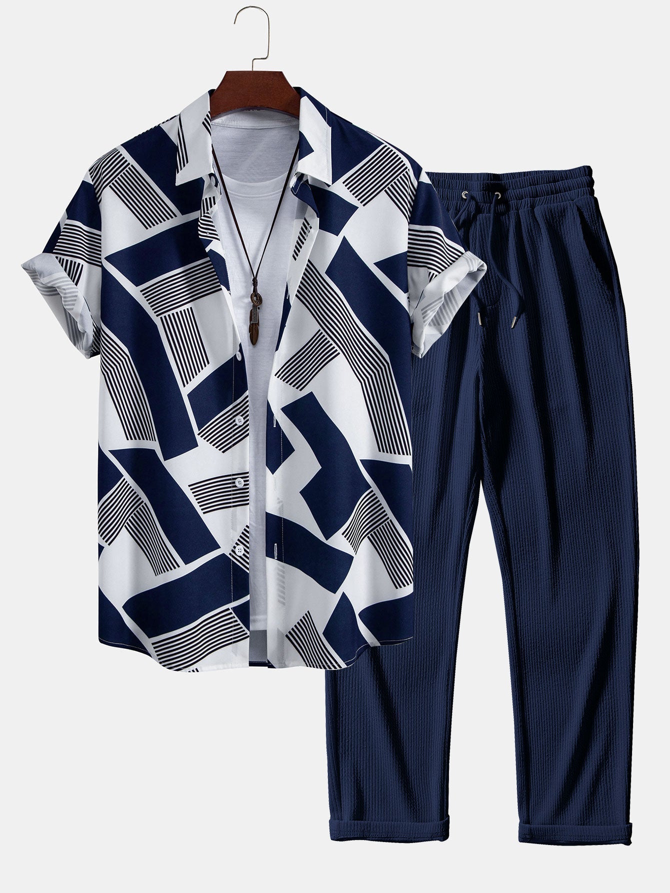 Ensemble — chemise à imprimé géométrique color block & pantalon côtelé à jambe droite