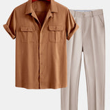 Ensemble — chemise cubaine en lin à poches & pantalon fuselé coupe slim