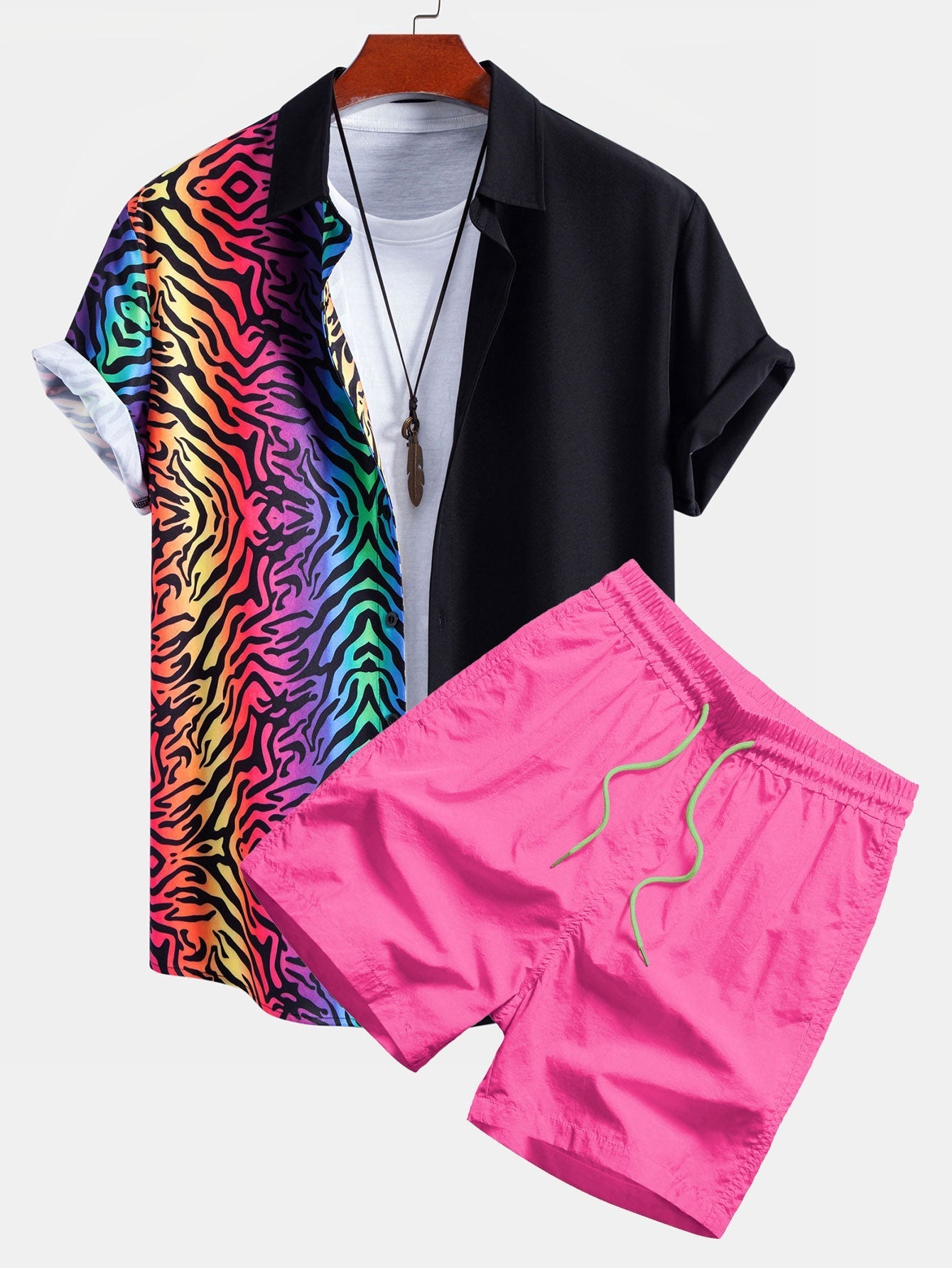 Ensemble — chemise patchwork tigre coloré & short de bain
