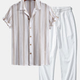 Ensemble — chemise cubaine en maille rayée & pantalon texturé froissé à jambe droite