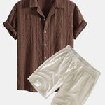 Ensemble — chemise cubaine ajourée jacquard géométrique & short en lin à cordon