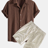 Ensemble — chemise cubaine ajourée jacquard géométrique & short en lin à cordon