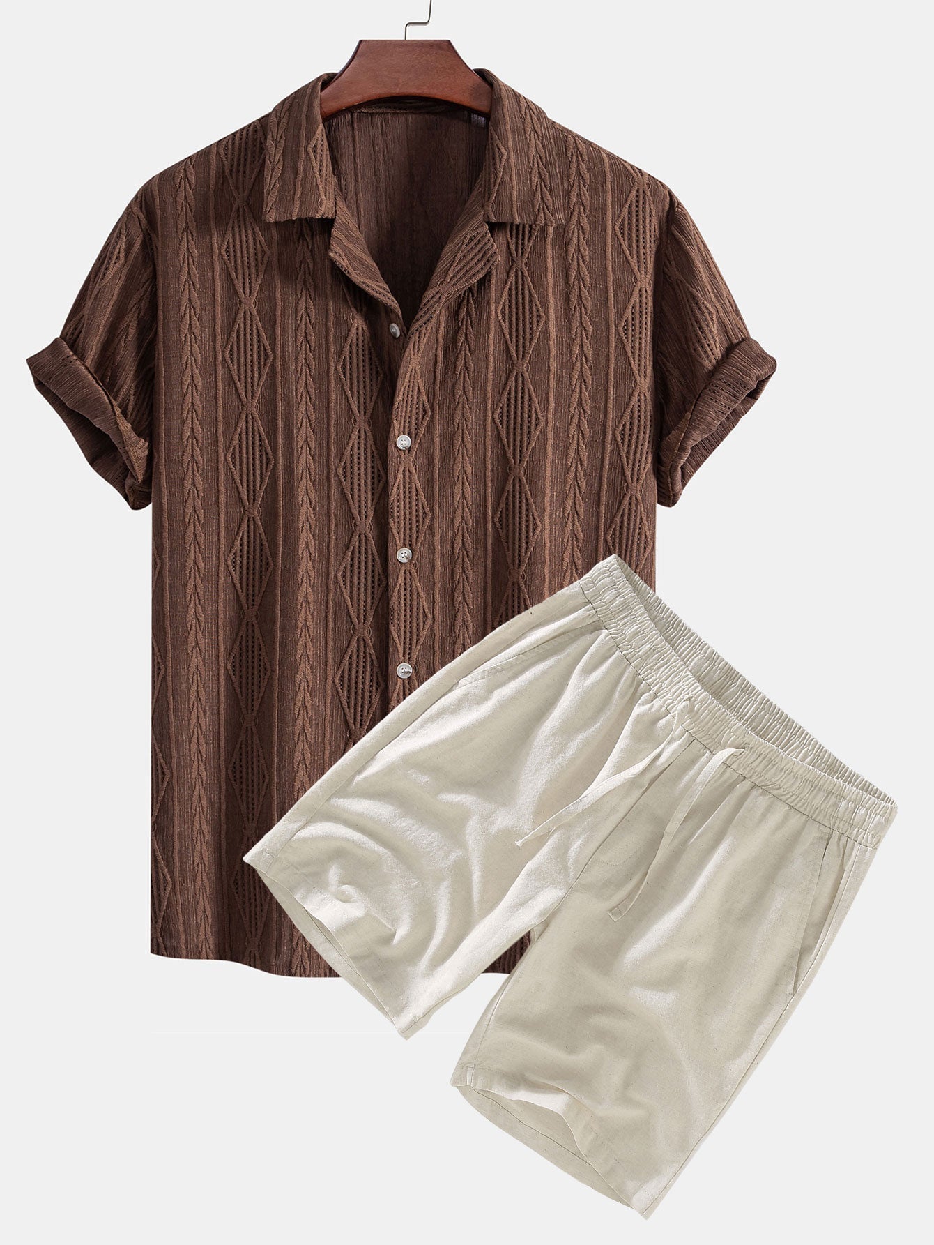 Ensemble — chemise cubaine ajourée jacquard géométrique & short en lin à cordon