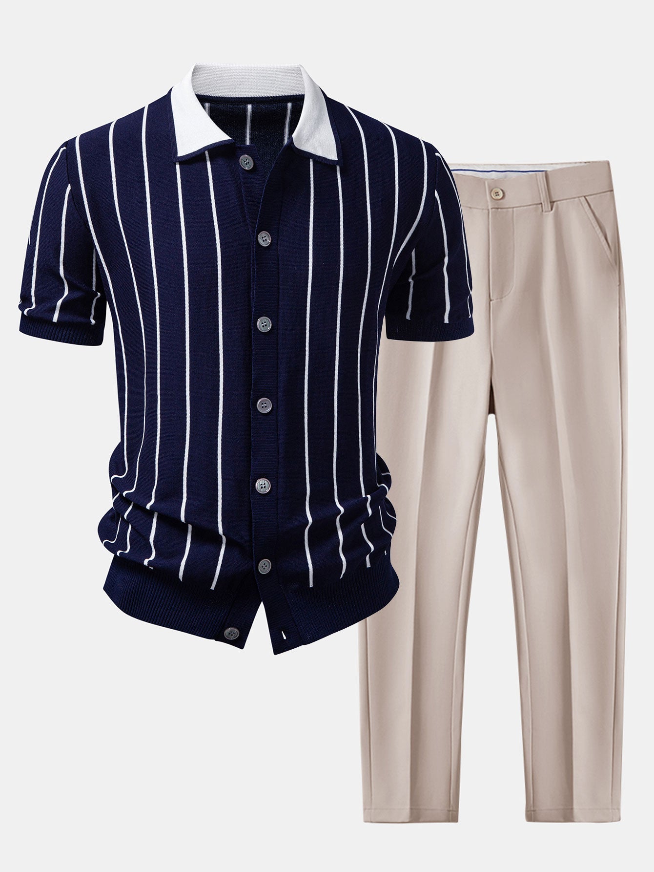 Ensemble — chemise boutonnée en maille rayée & pantalon fuselé coupe slim