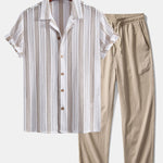 Ensemble — chemise cubaine en maille rayée & pantalon texturé froissé à jambe droite