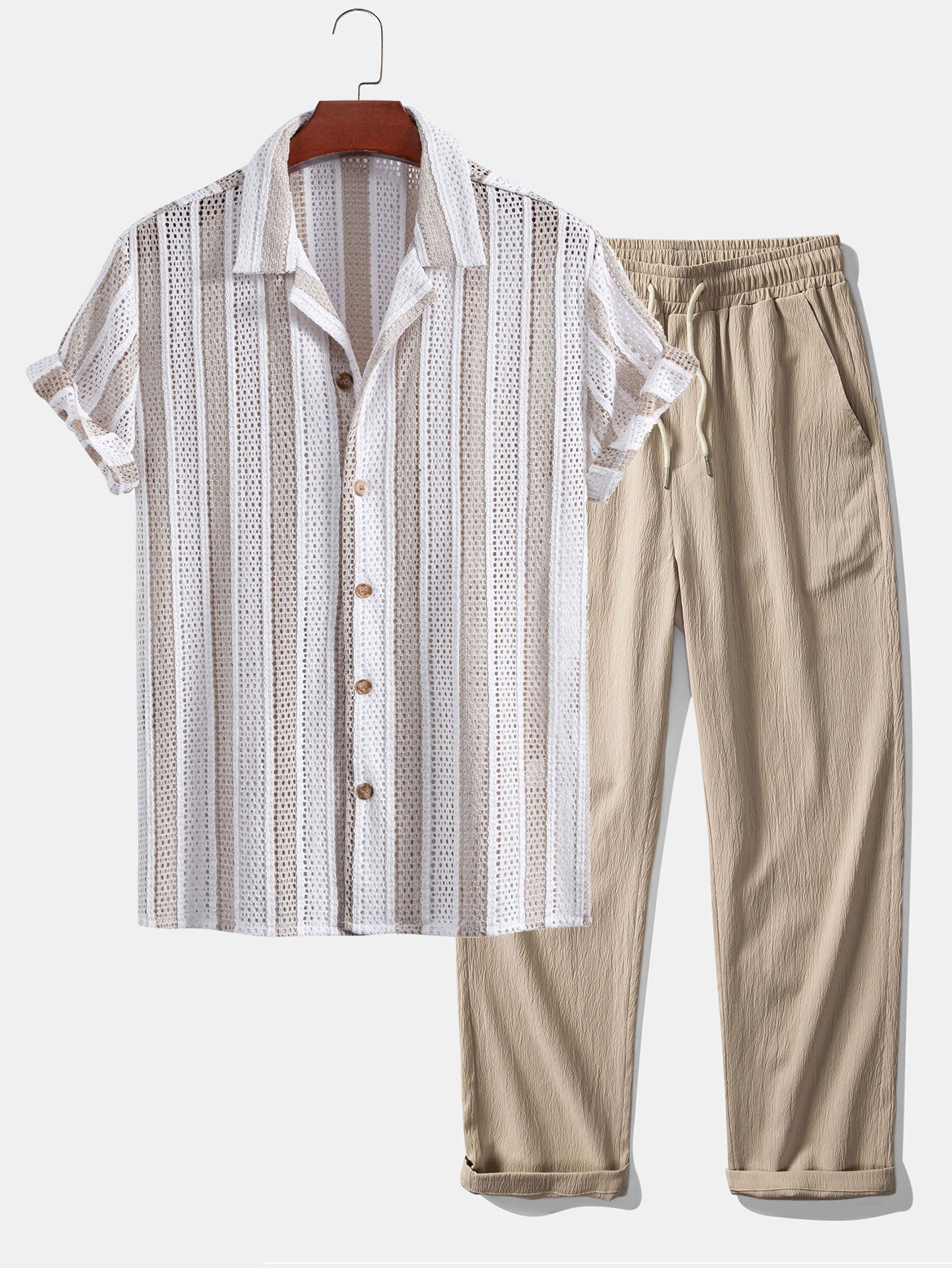 Ensemble — chemise cubaine en maille rayée & pantalon texturé froissé à jambe droite