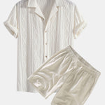 Ensemble — chemise cubaine ajourée jacquard géométrique & short en lin à cordon