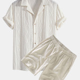 Ensemble — chemise cubaine ajourée jacquard géométrique & short en lin à cordon