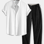 Ensemble — chemise côtelée à col officier coupe ajustée & pantalon à taille élastique