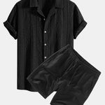 Ensemble — chemise cubaine ajourée jacquard géométrique & short en lin à cordon