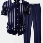 Ensemble — chemise boutonnée en maille rayée & pantalon fuselé coupe slim