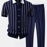 Ensemble — chemise boutonnée en maille rayée & pantalon fuselé coupe slim