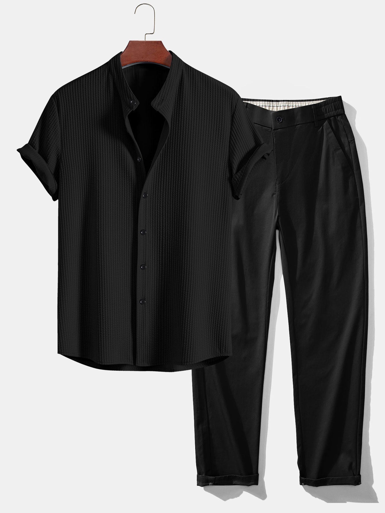 Ensemble — chemise côtelée à col officier coupe ajustée & pantalon à taille élastique