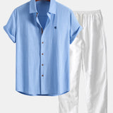 Ensemble — chemise en lin à manches courtes & pantalon en lin à jambe droite