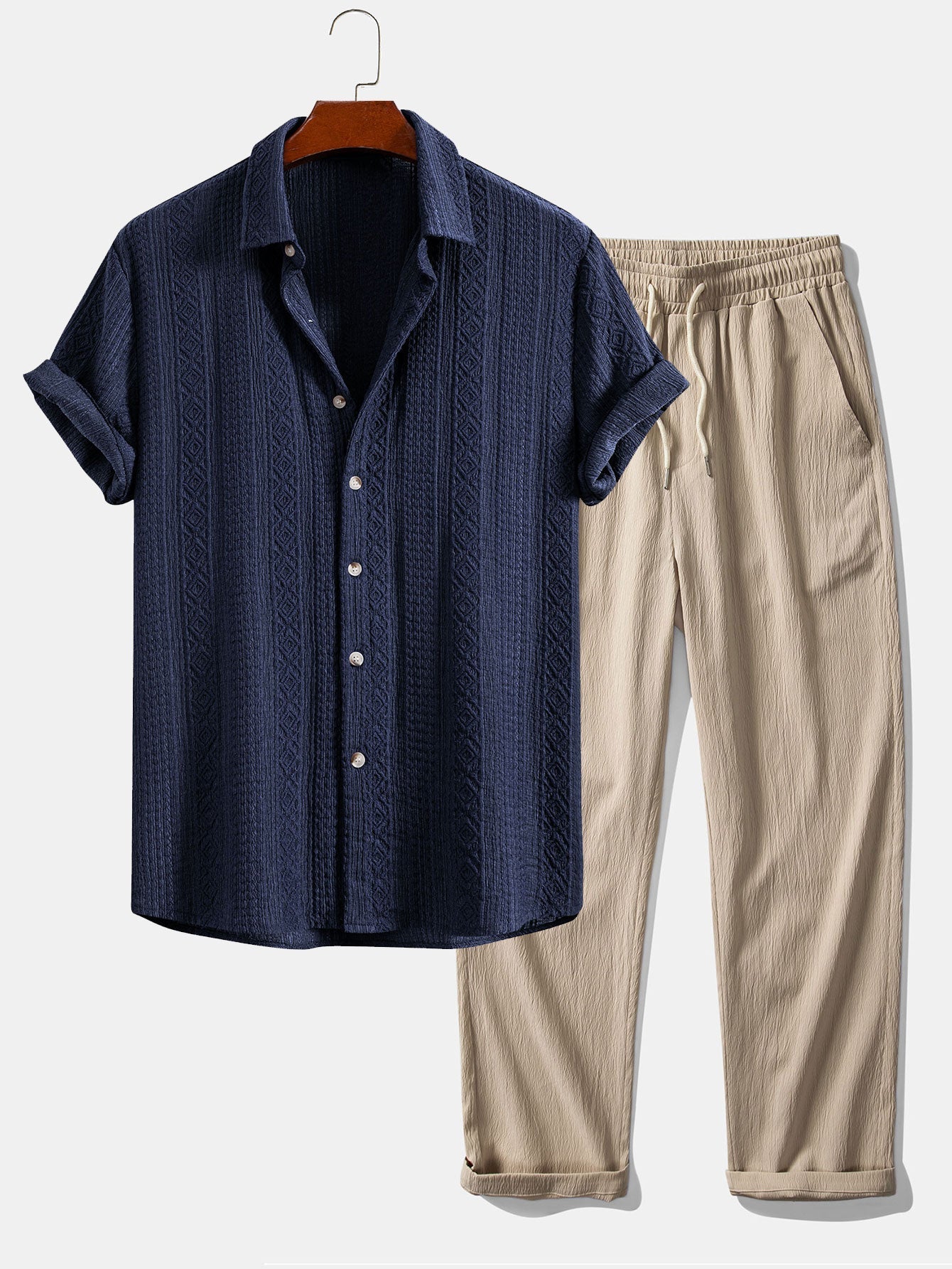 Ensemble Améline — chemise jacquard géométrique & pantalon texturé froissé à jambe droite