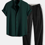 Ensemble — chemise côtelée à col officier coupe ajustée & pantalon à taille élastique