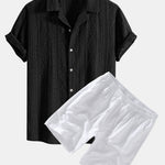 Ensemble — chemise cubaine ajourée jacquard géométrique & short en lin à cordon
