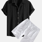 Ensemble — chemise cubaine ajourée jacquard géométrique & short en lin à cordon