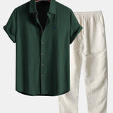 Ensemble — chemise en lin à manches courtes & pantalon en lin à jambe droite