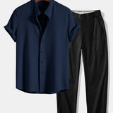 Ensemble — chemise côtelée à col officier coupe ajustée & pantalon à taille élastique