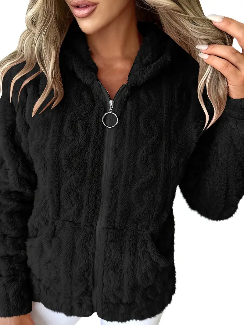 Frida | Sweat à capuche zippé douillet à torsades Noir, photo studio