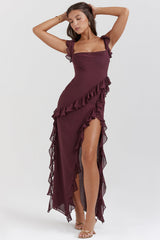 Clarisse | Robe longue fendue à volants asymétriques