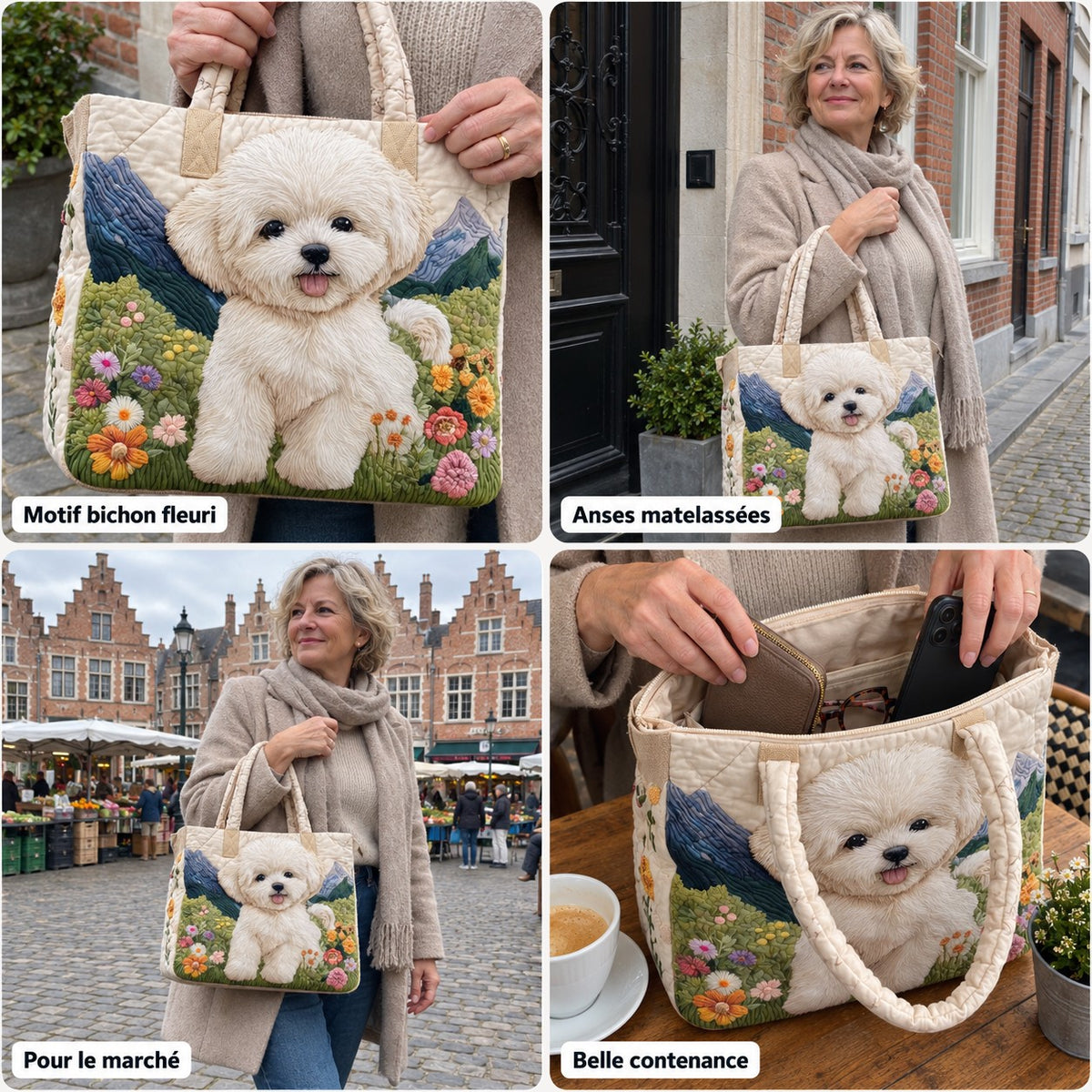 Axelle | Sac cabas matelassé à motif bichon dans les fleurs