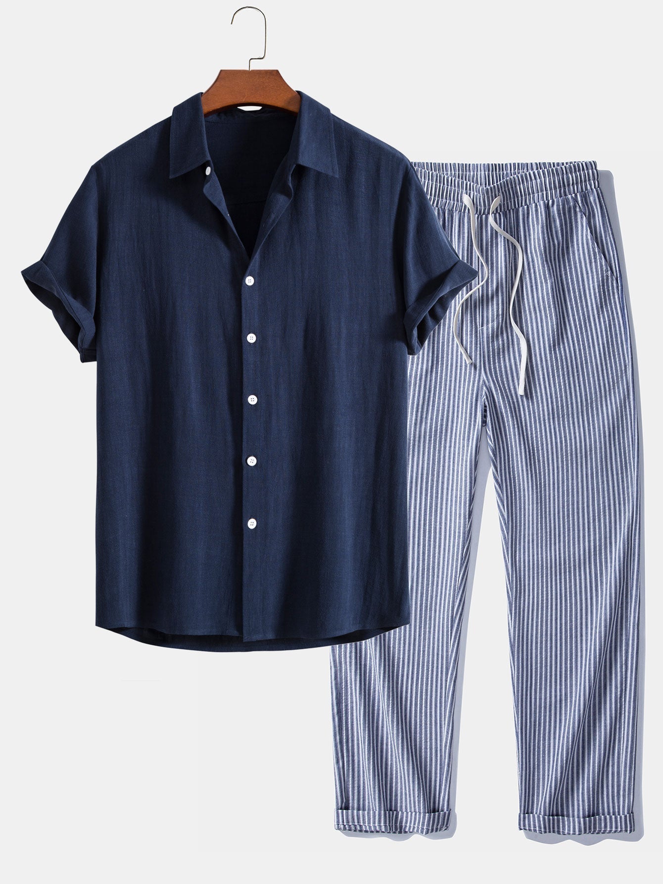 Ensemble Capucine — chemise en lin et viscose & pantalon en lin rayé à jambe droite