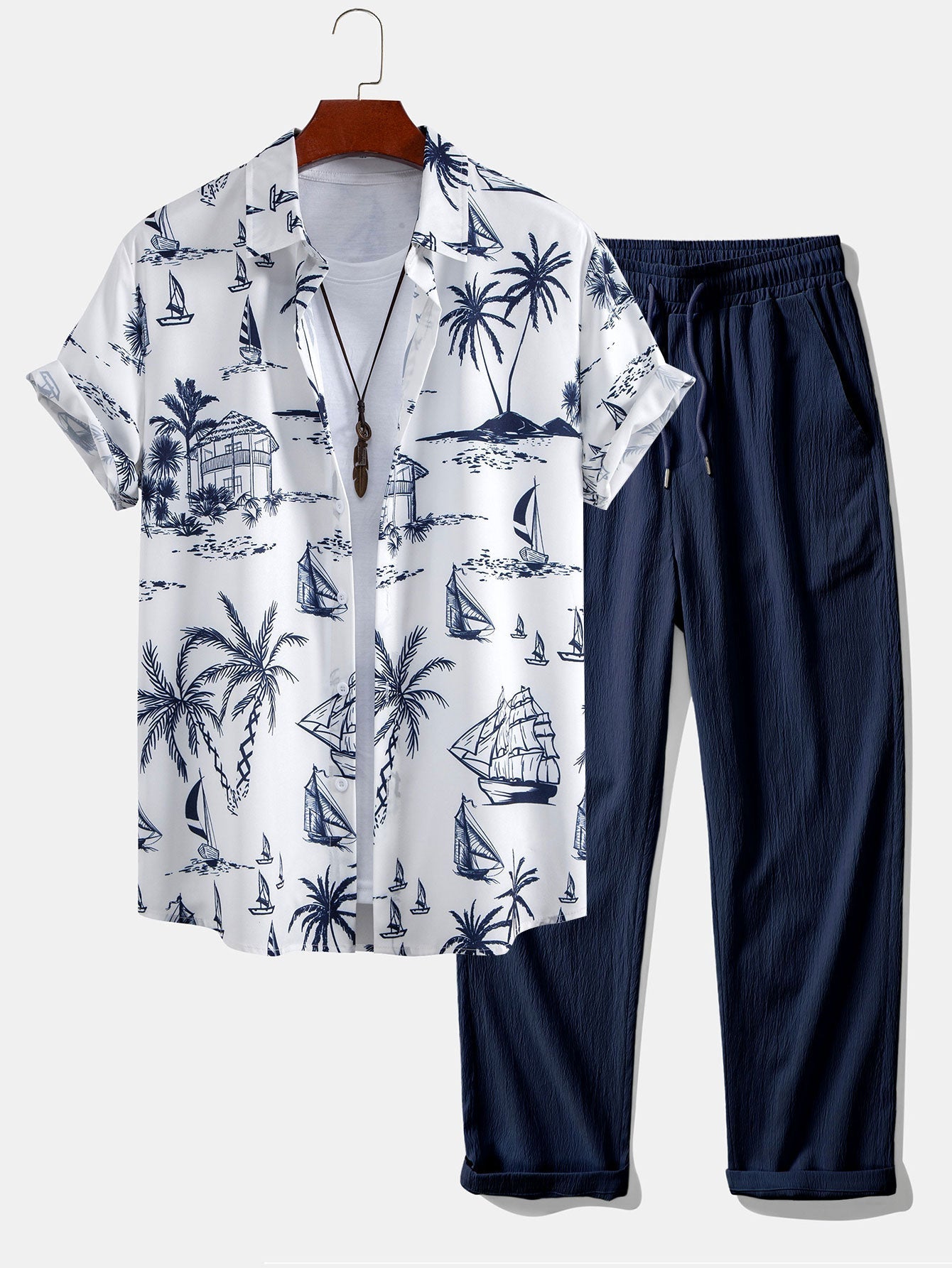 Ensemble — chemise à imprimé nautique & pantalon texturé froissé à jambe droite