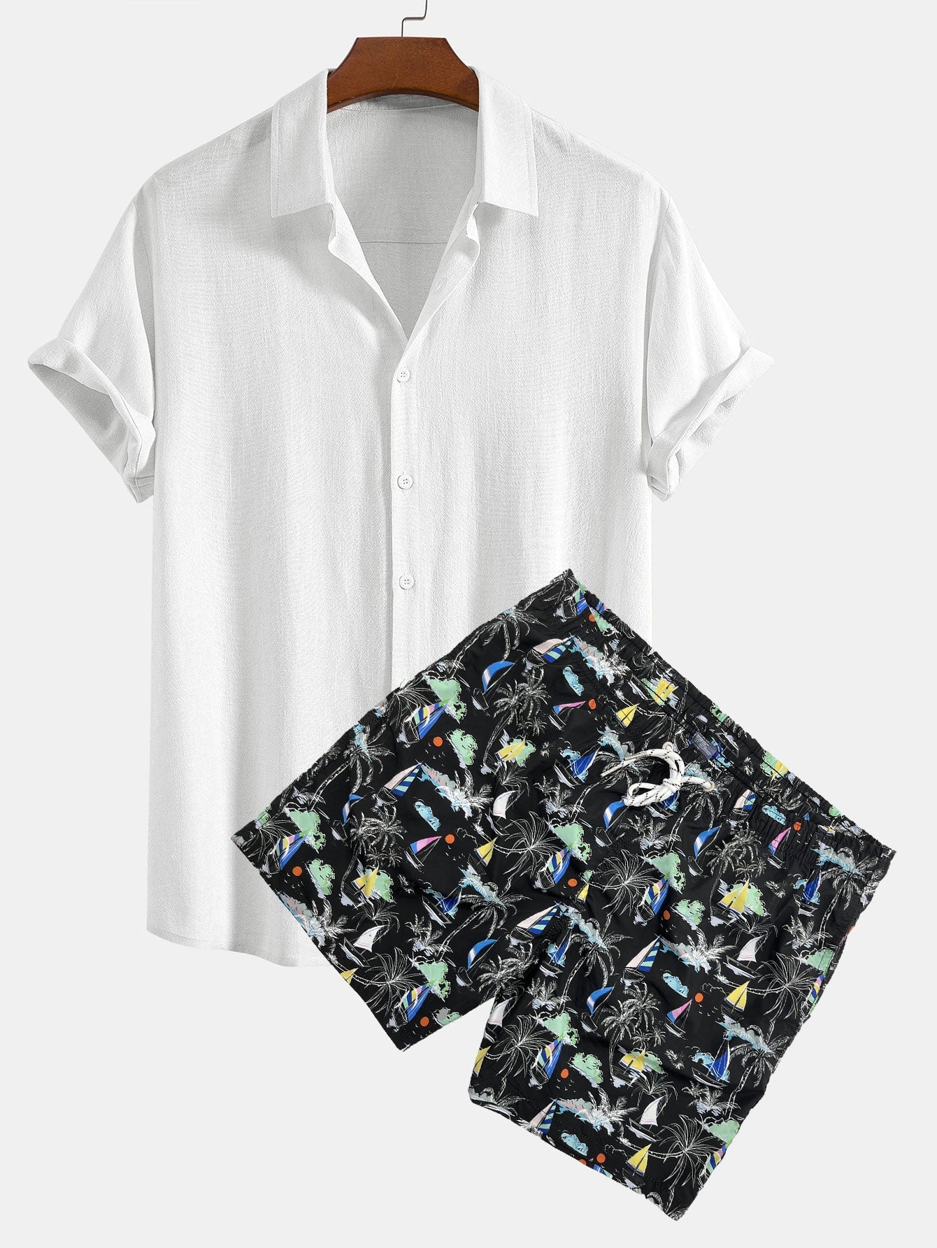 Ensemble — chemise en lin et viscose & short de bain à imprimé palmiers et voiliers