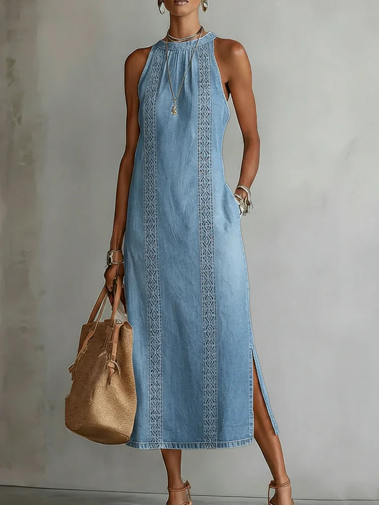 Robe Longue en Jean à Col Montant et Broderie - Bleu clair