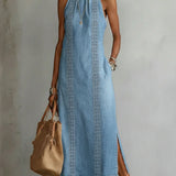 Robe Longue en Jean à Col Montant et Broderie