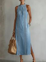 Robe Longue en Jean à Col Montant et Broderie