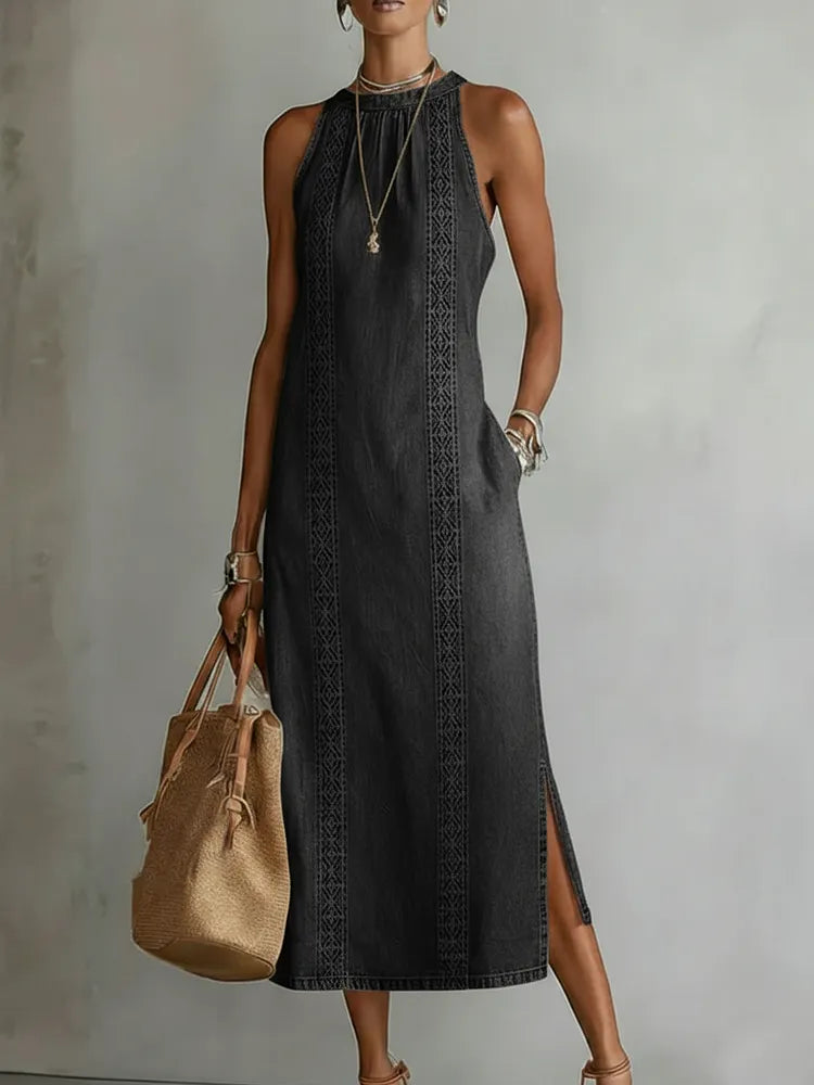 Robe Longue en Jean à Col Montant et Broderie - Noir