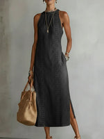 Robe Longue en Jean à Col Montant et Broderie