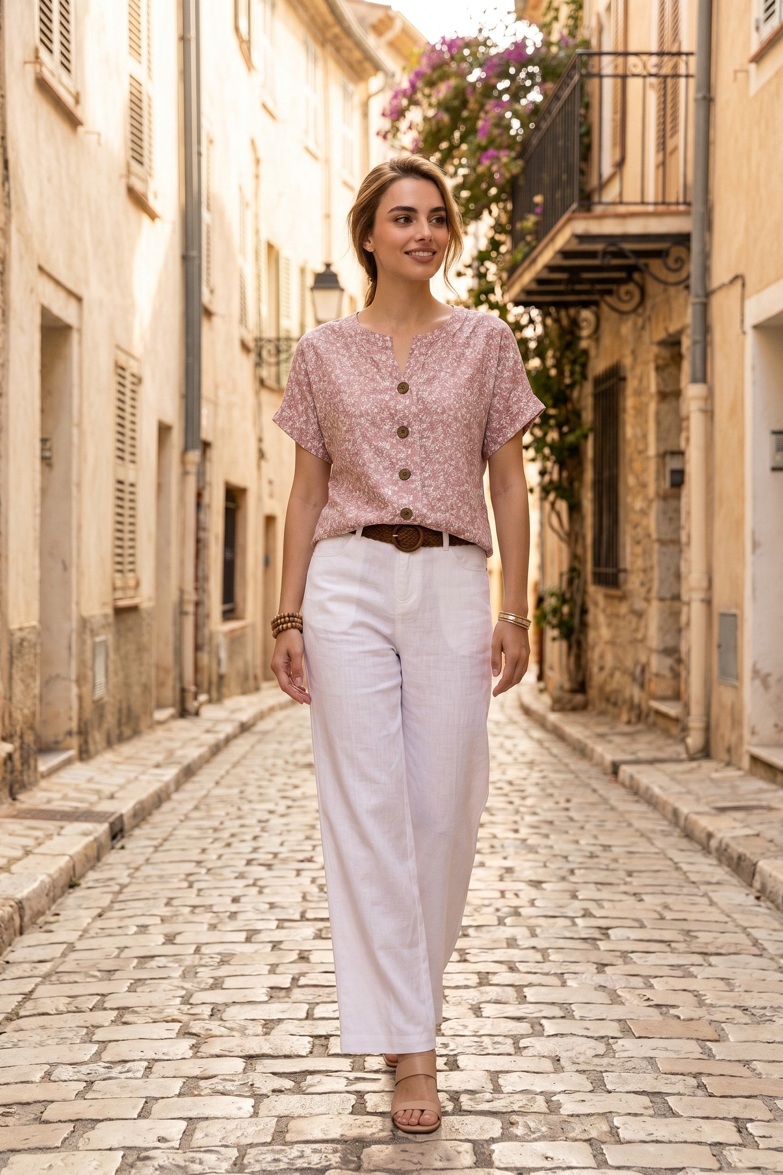 Blouse Florale Élégante Rose, portée en extérieur