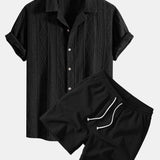 Ensemble — chemise cubaine ajourée jacquard géométrique & short texturé froissé à cordon