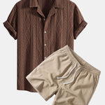 Ensemble — chemise cubaine ajourée jacquard géométrique & short texturé froissé à cordon