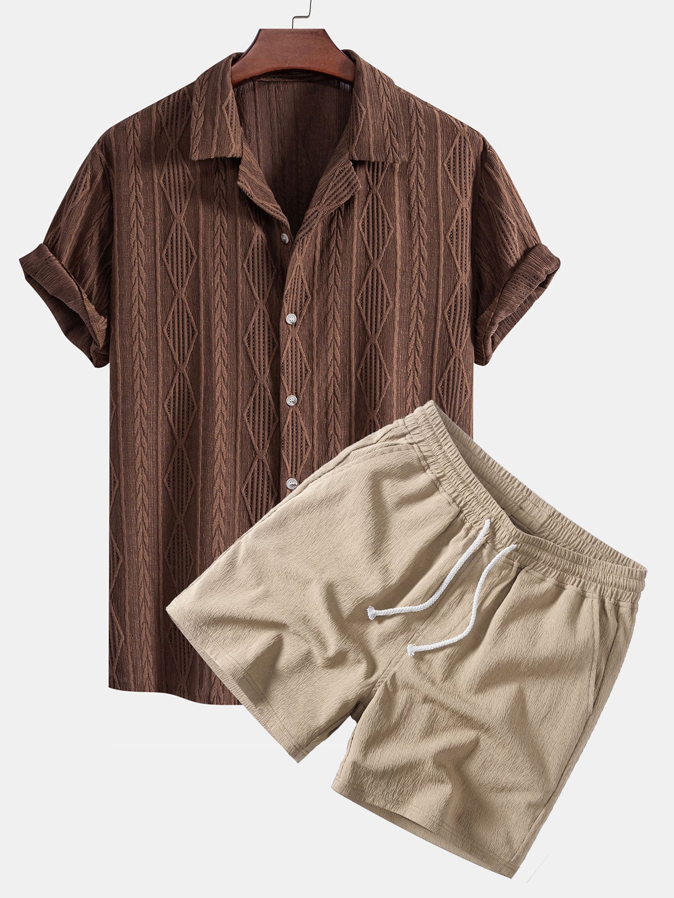 Ensemble — chemise cubaine ajourée jacquard géométrique & short texturé froissé à cordon