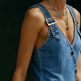 Robe Longue en Jean à Boutons Décalés