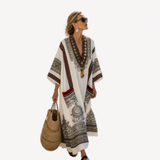 Arlette | Caftan long à motifs médaillons et col en V