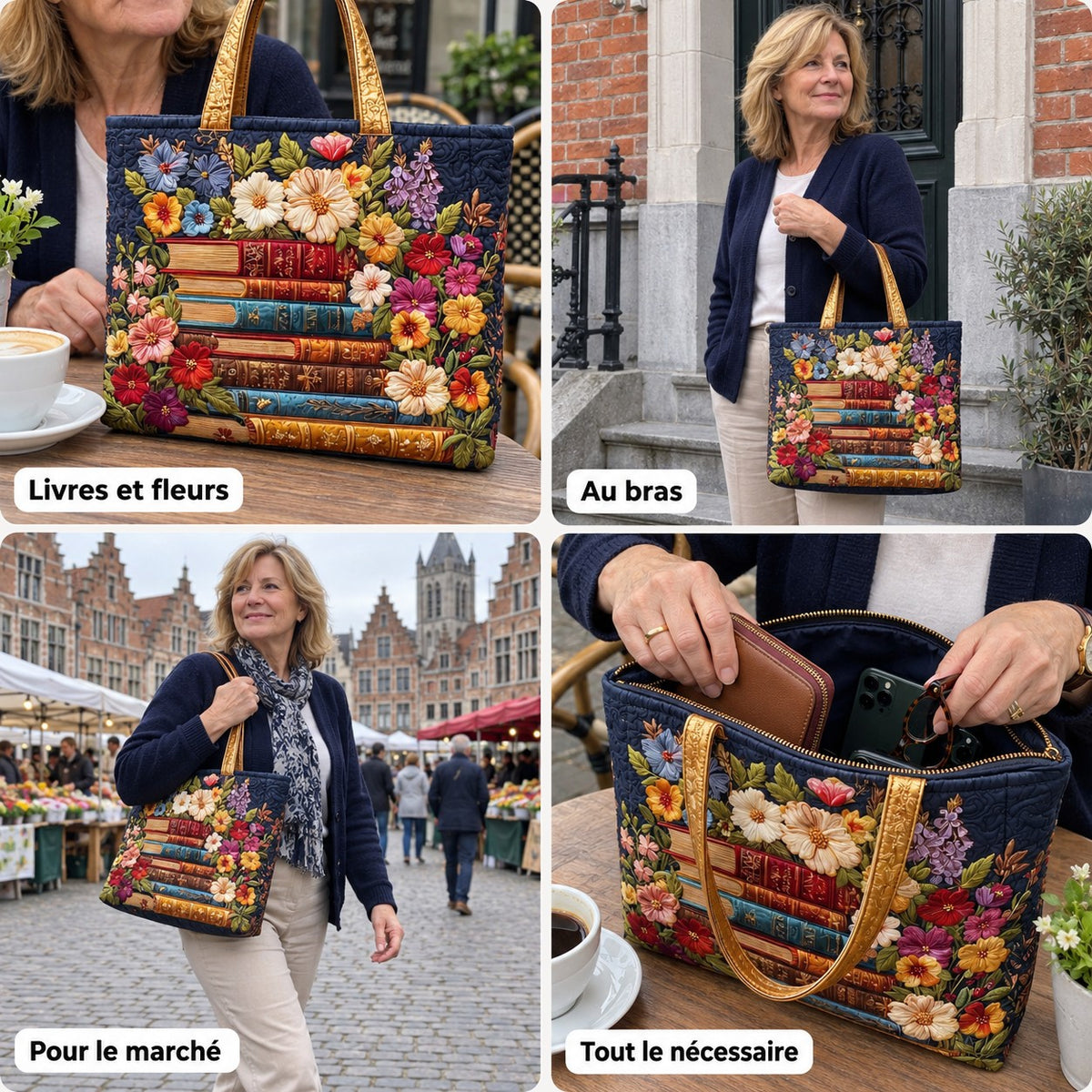 Carole | Sac cabas matelassé à motif livres et fleurs
