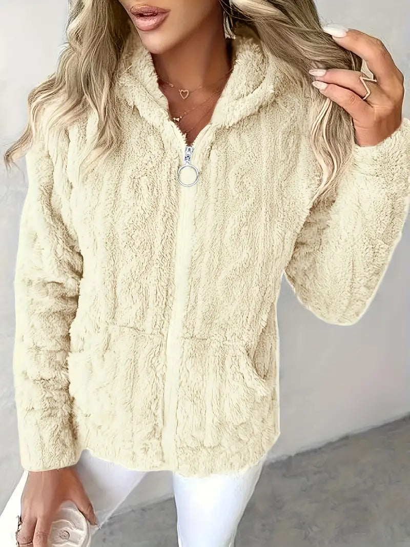 Frida | Sweat à capuche zippé douillet à torsades Beige, photo studio